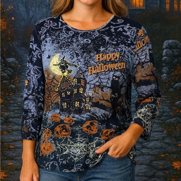 Vintage Halloween Women’s Embellished Knit Top Size Large Retro Y2K Whimsical - Picture 1 of 7